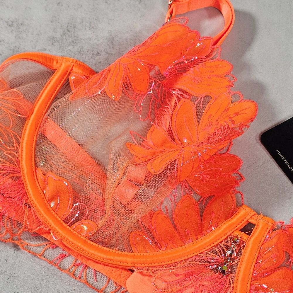 Honey Birdette Britt Neon Orange Sheer Underwire Floral Bra Size 38D - Picture 4 of 5
